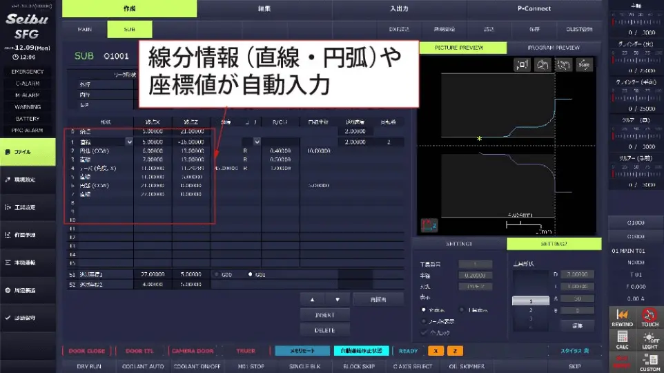 線分情報（直線・円弧）や座標値が自動入力